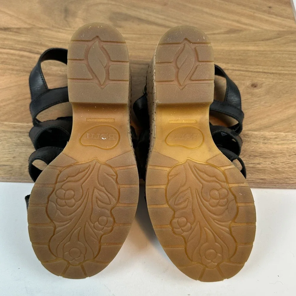 New Womens Born Bernese Black Leather Strappy Wedge Heeled Casual Sandals Size 9